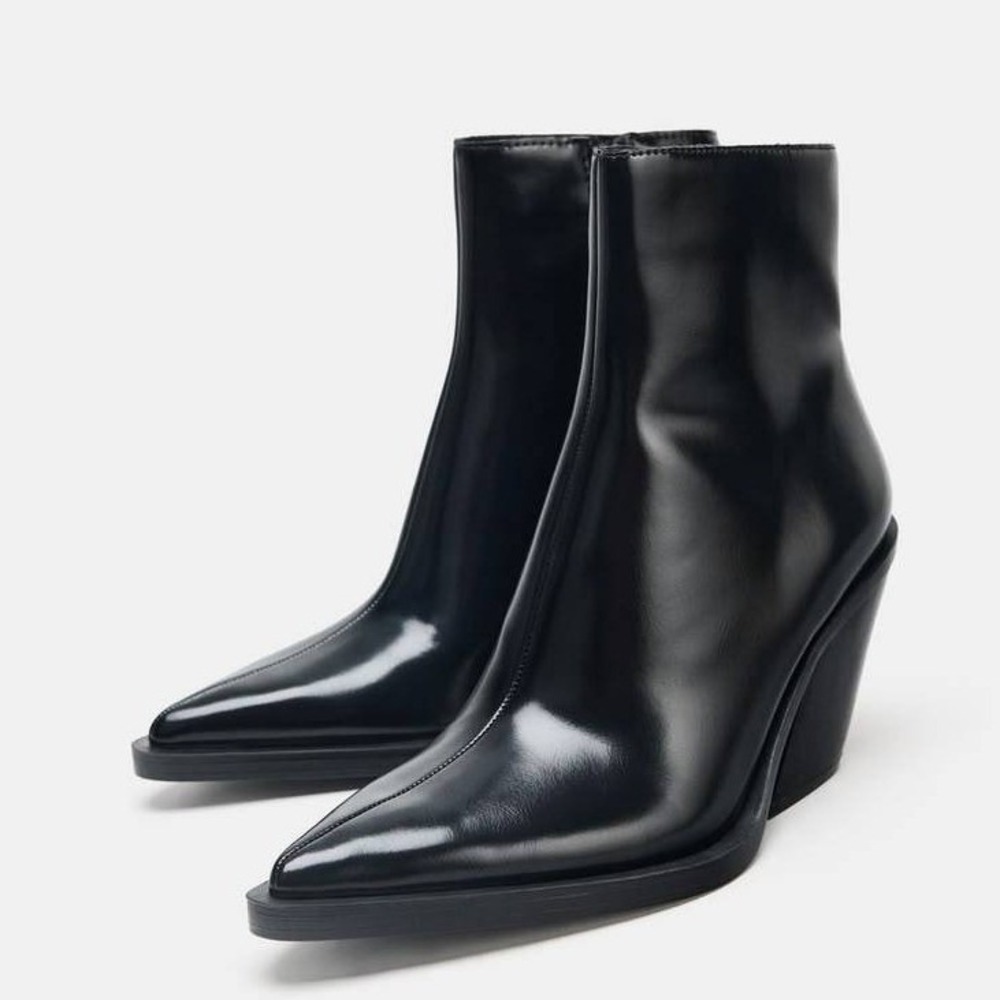 Zara Ankle Boots Womens 6.5 Black Pointed Toe Block Heel Zip Starfit Modern NWT - Picture 2 of 12